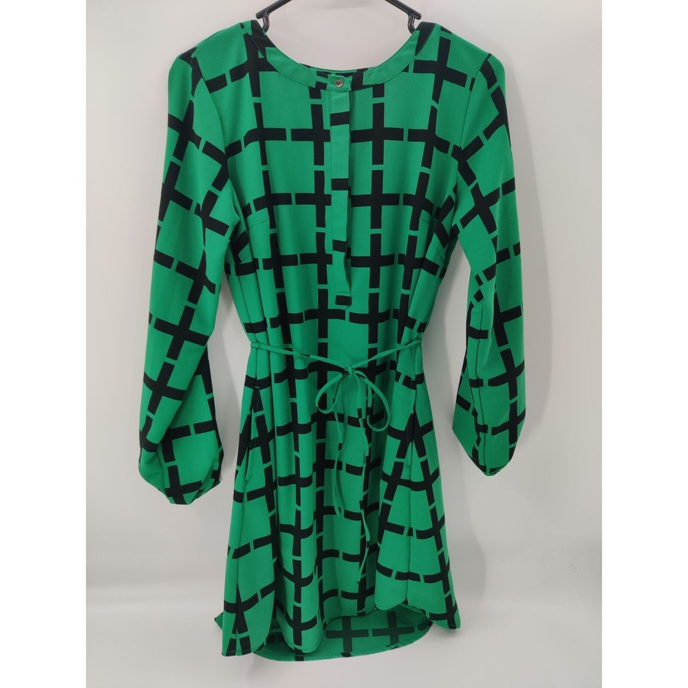 Merona Womens Green Black Geometric Grid Button Front Tie Waist Dress Size M